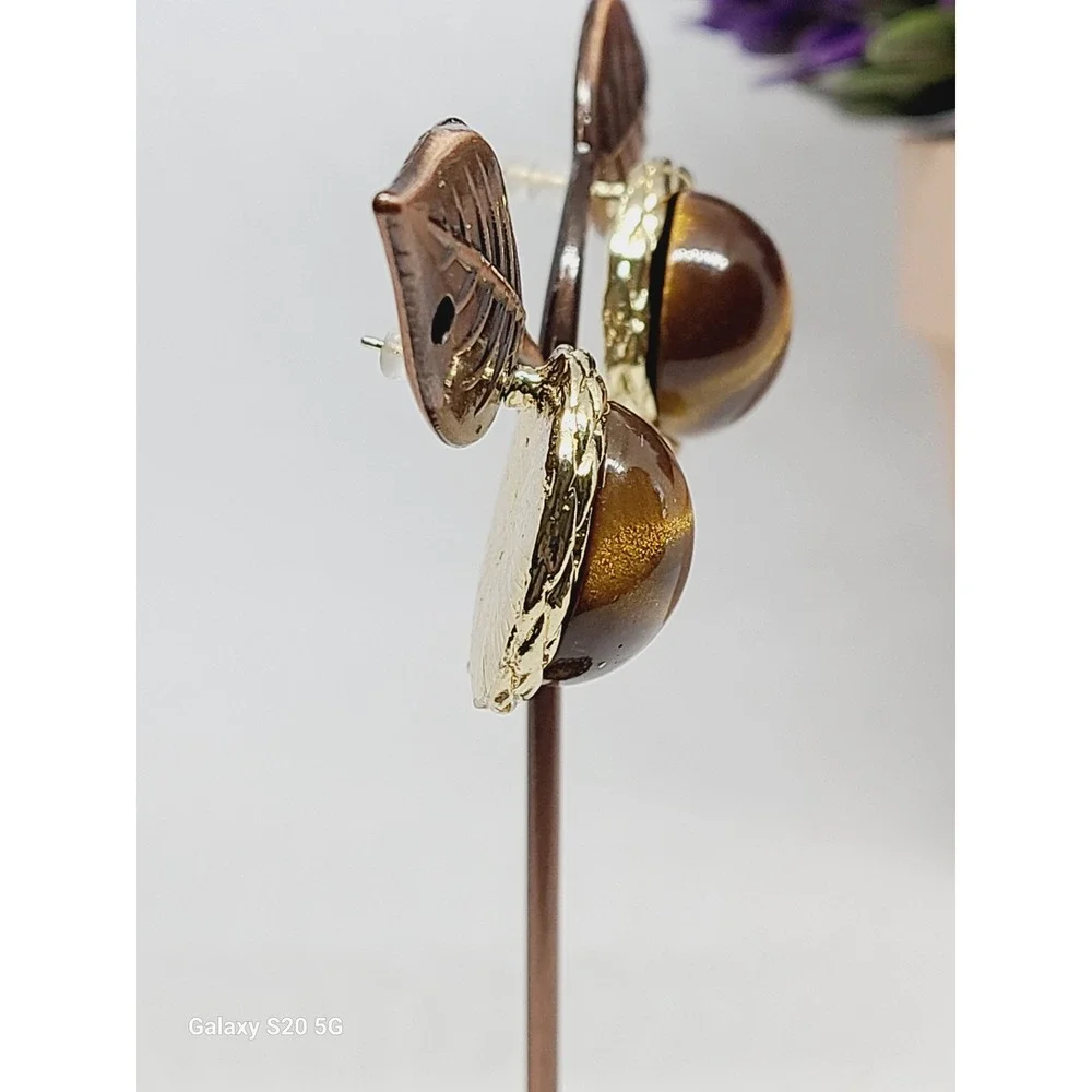 Vintage Style Gold Tone Tiger Eye Stud Earrings Round Braided Bezel Brown‎